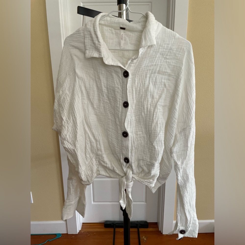 Linen Free People Button Down Front Tie Shirt